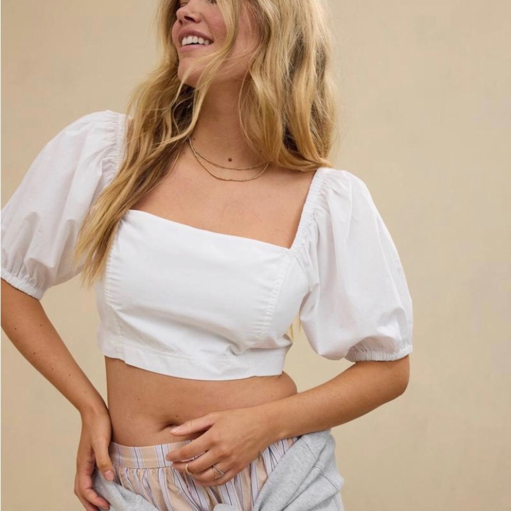 aerie White Square-Neck Puff Sleeve Crop Top XXL